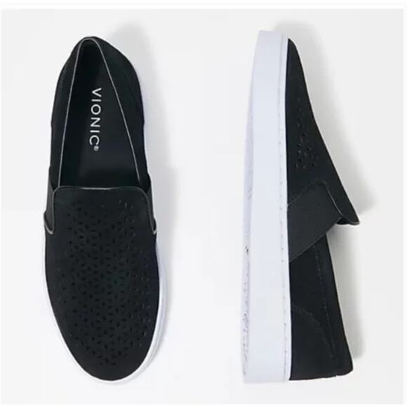 Vionic Kani Sneakers 9 Black Suede Flats Comfort Travel Laser Cut Perforated - Picture 1 of 9